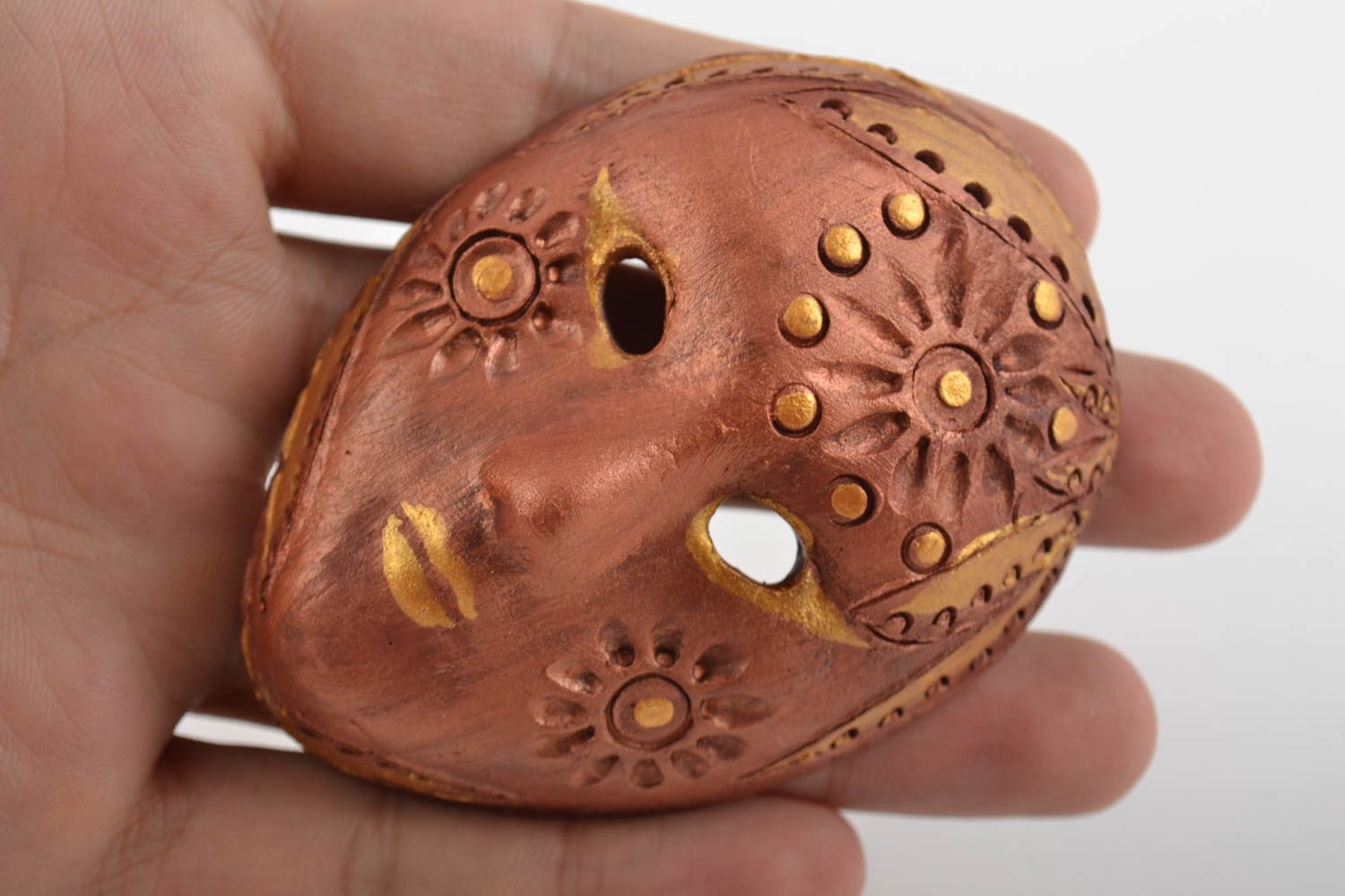 Beautiful brown handmade designer ceramic fridge magnet clay carnival mask photo 2