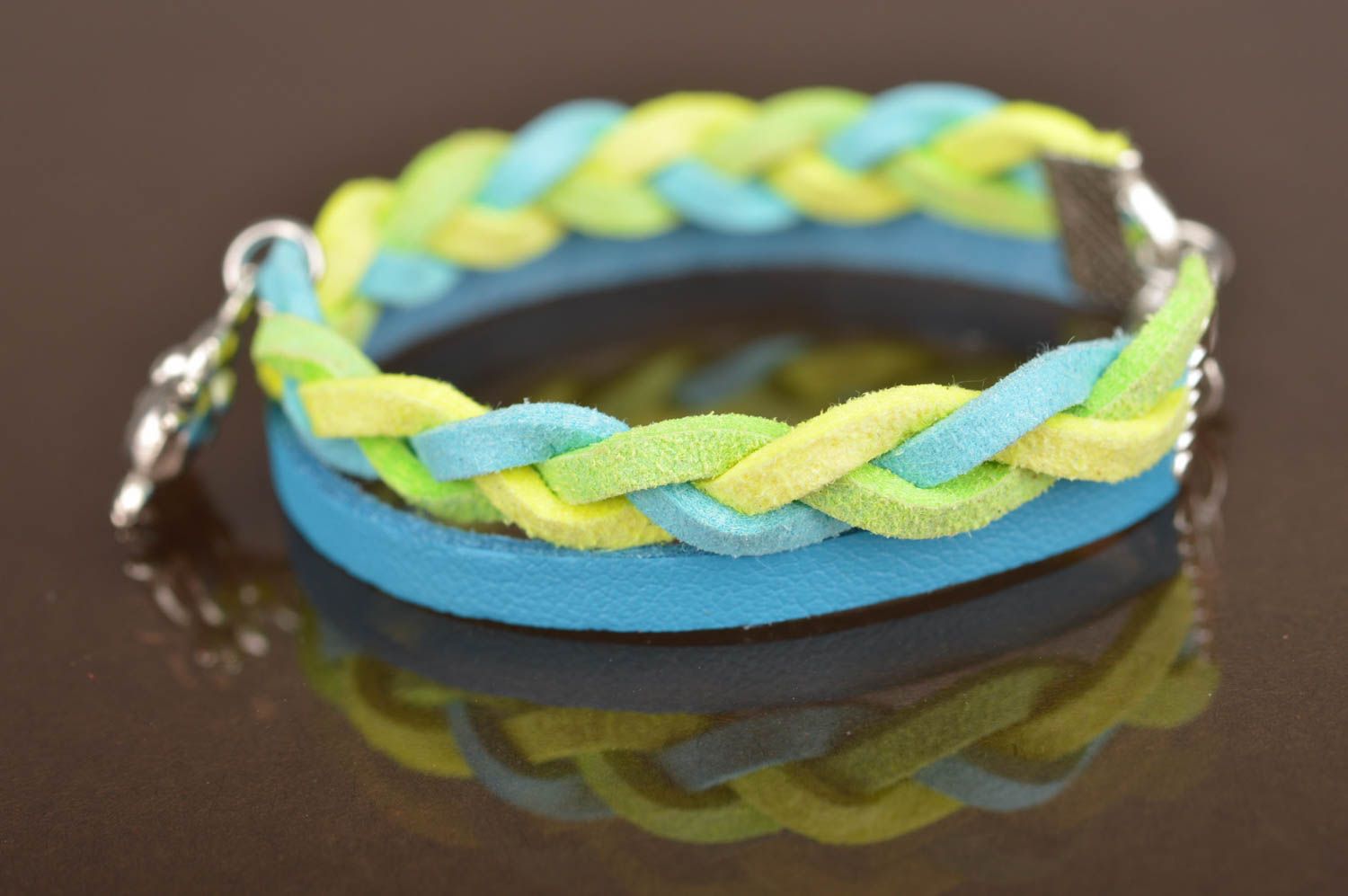 Handmade designer genuine leather cord wrist bracelet blue and yellow with charm photo 5