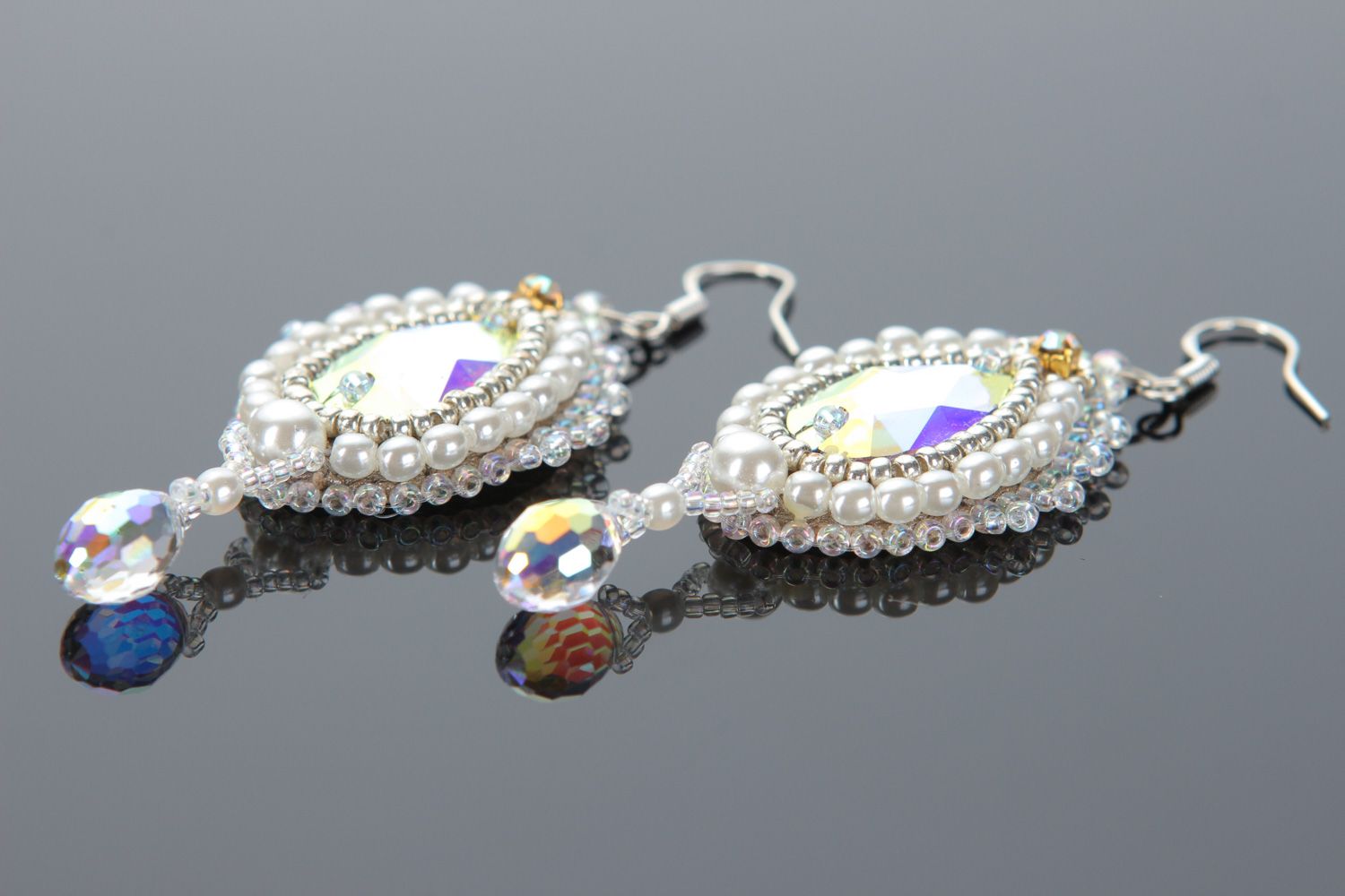 Handmade massive dangle beaded earrings of white color in Victorian style photo 2