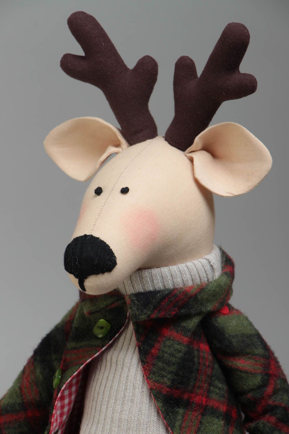 Handmade designer cotton and fleece fabric soft toy deer in checkered jacket photo 5