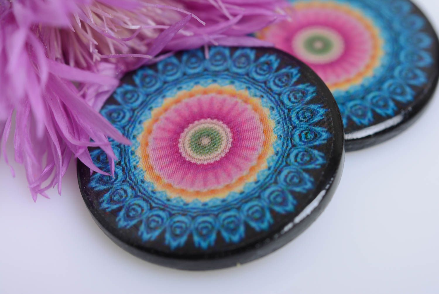 Round earrings with blue and pink pattern stylish handmade accessory for summer photo 3