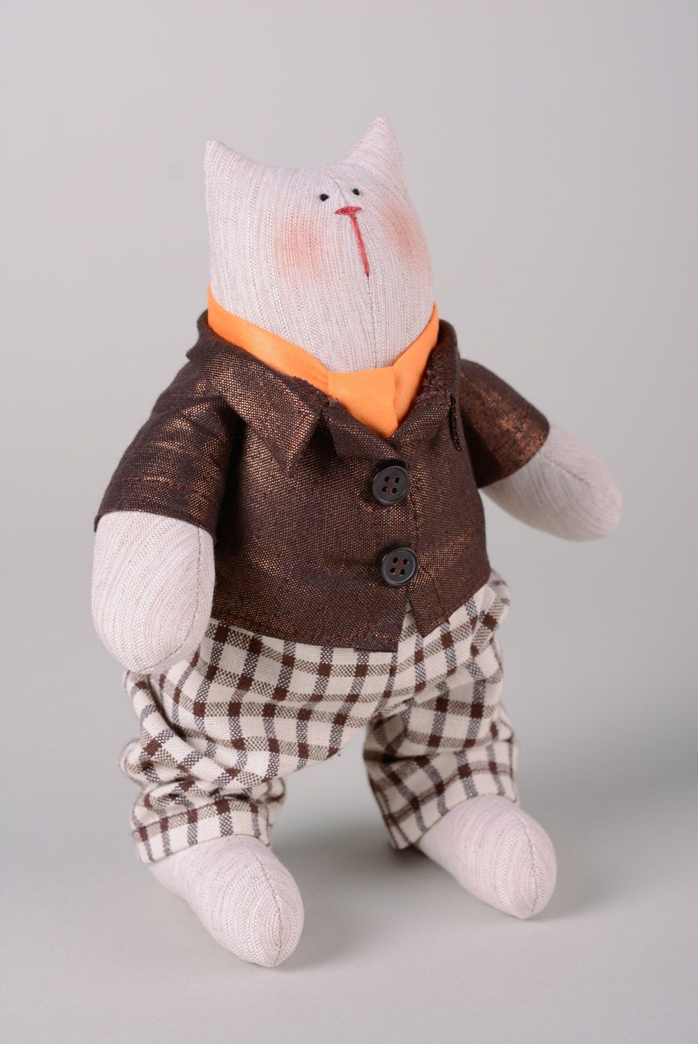 Handmade soft toy sewn of cotton and linen Cat in jacket and checkered trousers photo 1