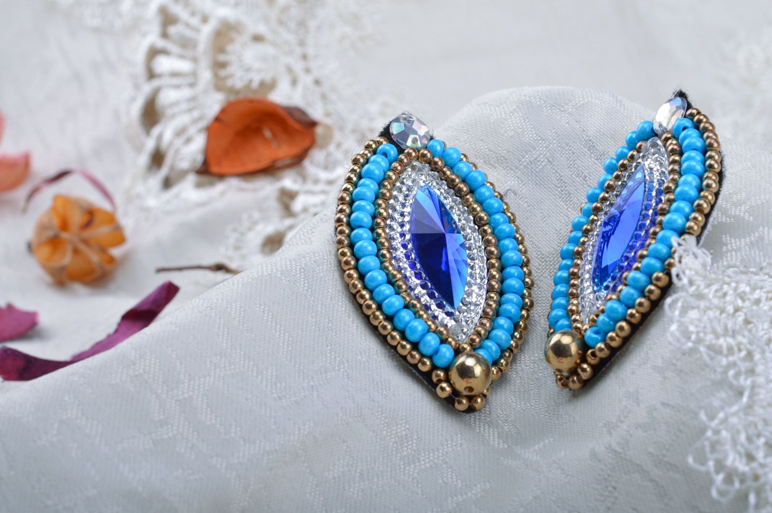 Handmade large stud earrings with beads and stones in blue color palette photo 4
