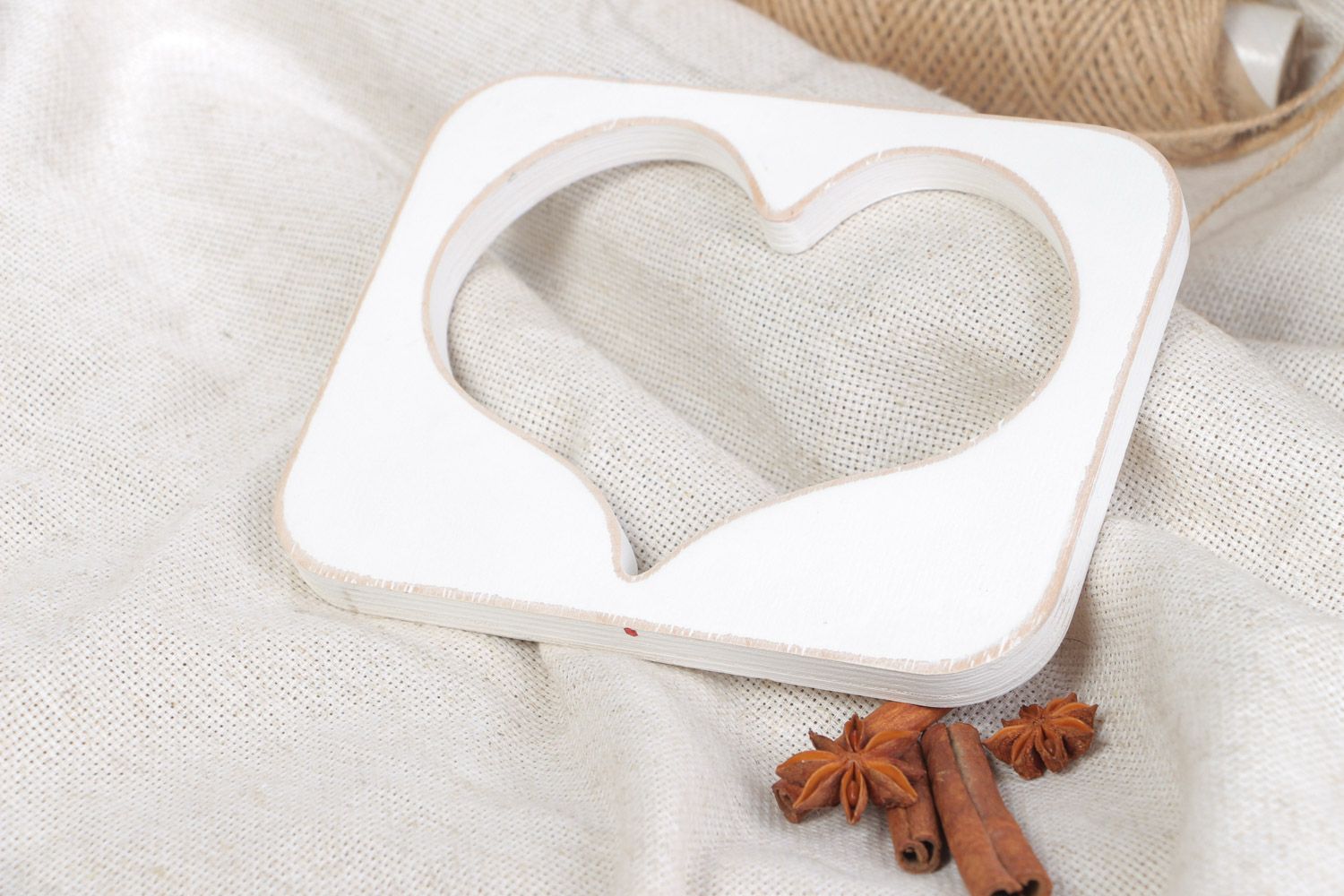 Handmade plywood figurine Heart painted with white acrylics for interior decor photo 1