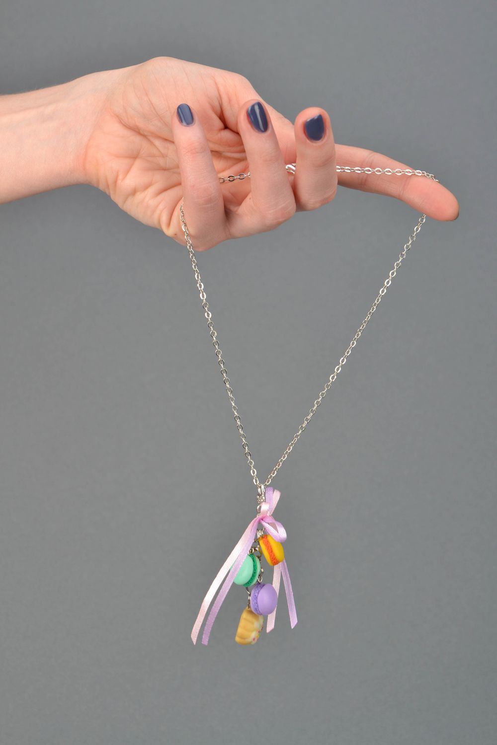 Polymer clay pendant with satin ribbons on metal chain photo 2