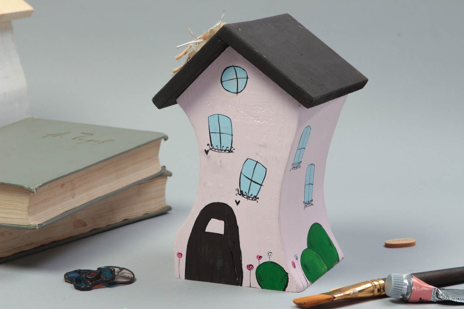 Handmade Deko Haus Figur aus Holz schöne Dekoration Designer Geschenk klein foto 1