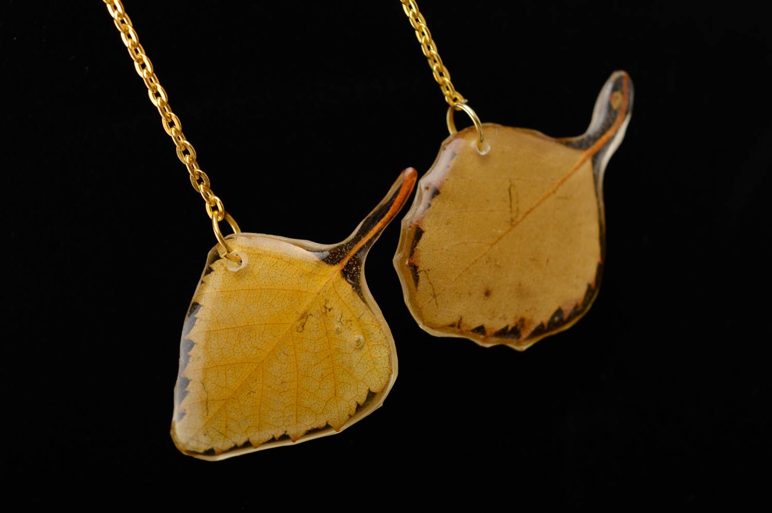 Dangle earrings with real birch leaves coated with epoxy photo 2