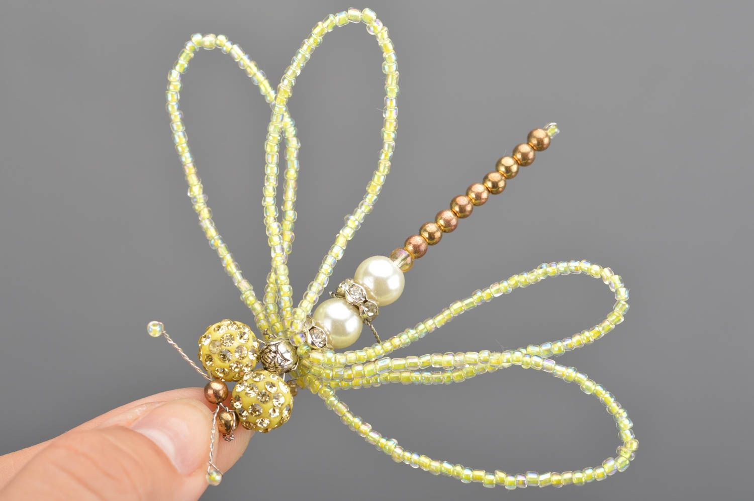 Handmade decorative beaded pendant in form of glittering yellow dragonfly  photo 4