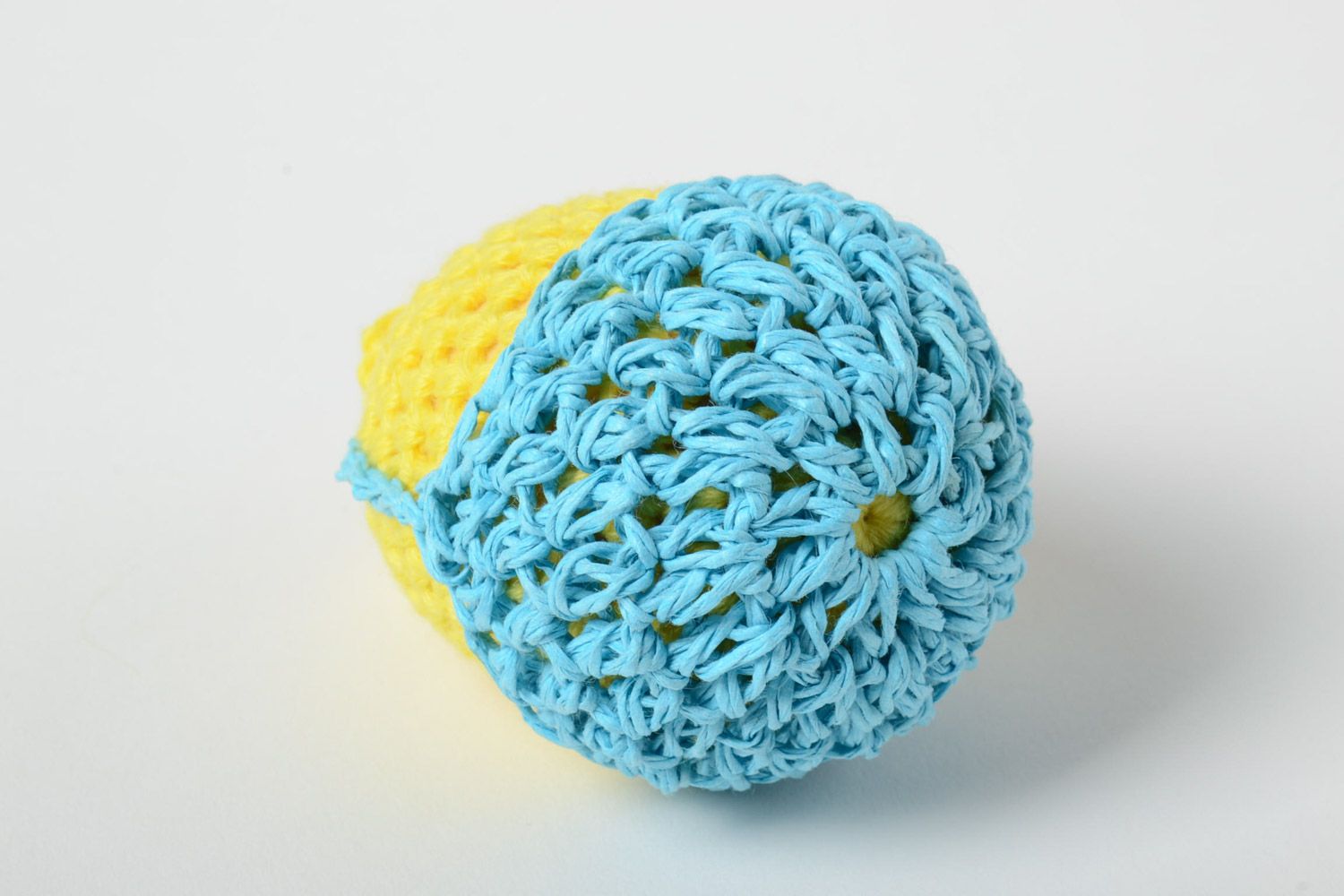 Handmade wooden egg crocheted over with yellow and blue threads Easter decoration photo 4