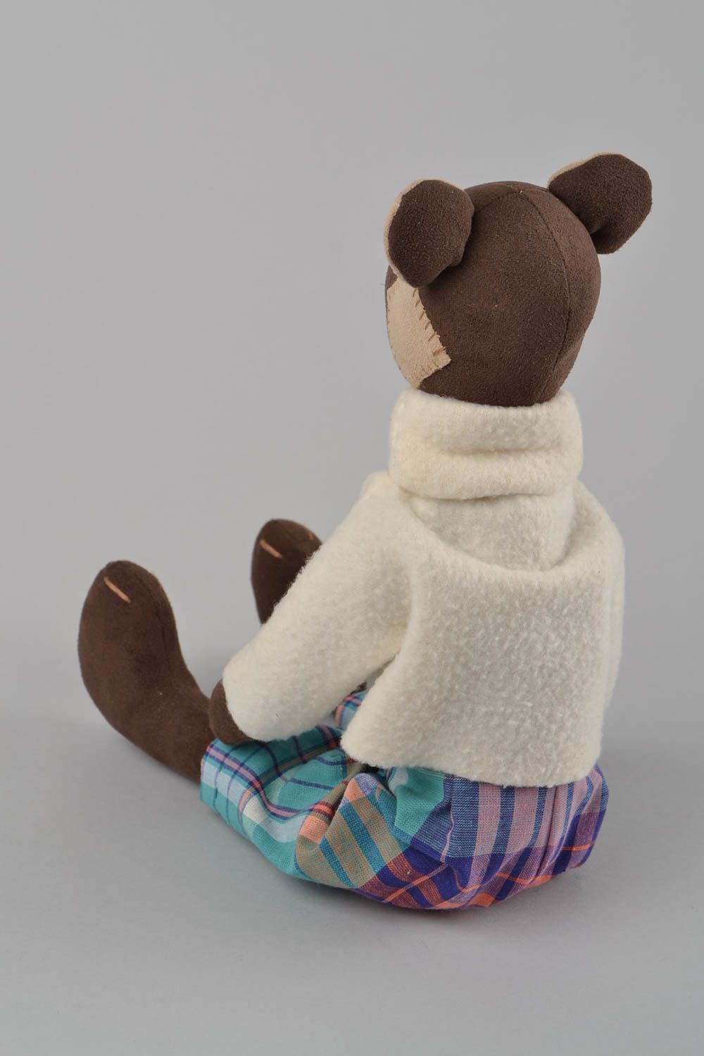 Handmade fabric soft toy brown bear in white sweater and checkered shorts photo 5