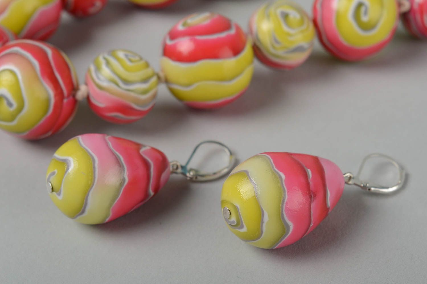 Handmade jewelry set polymer clay dangling earrings beaded necklace gift for her photo 4
