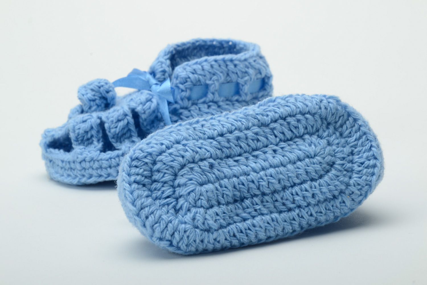 Handmade crochet acrylic and cotton baby booties of blue color photo 4