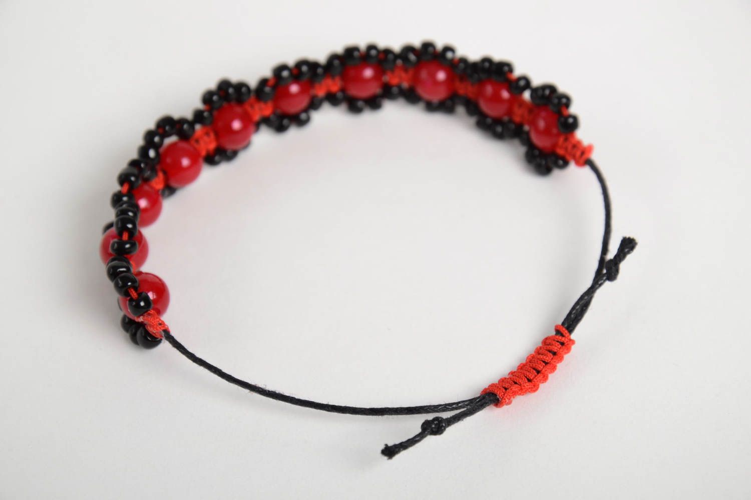 Strand Shambala bracelet on red cord with red and black beads for girls photo 4