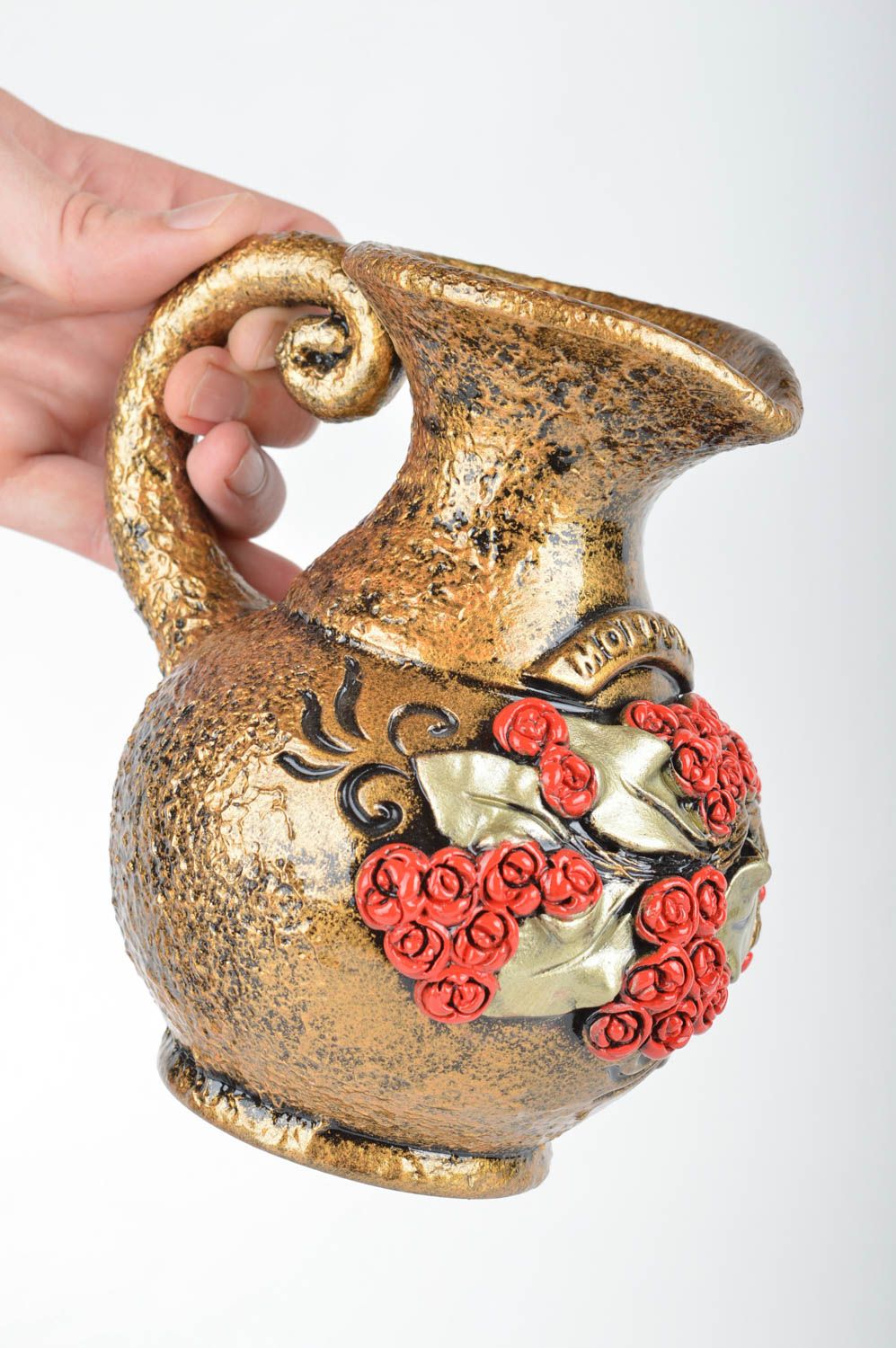 Cruche en céramique faite main avec anse couleur or vaisselle originale photo 3