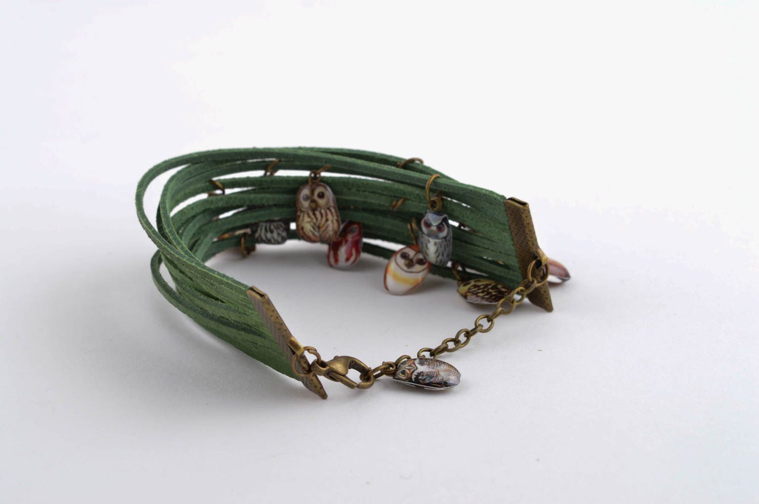 Зеленый браслет ручной работы кожаный браслет необычный украшение из кожи фото 4