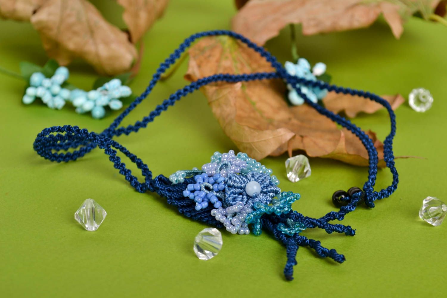 Makramee Anhänger handgefertigt Collier Halskette Damen Modeschmuck in Blau foto 1