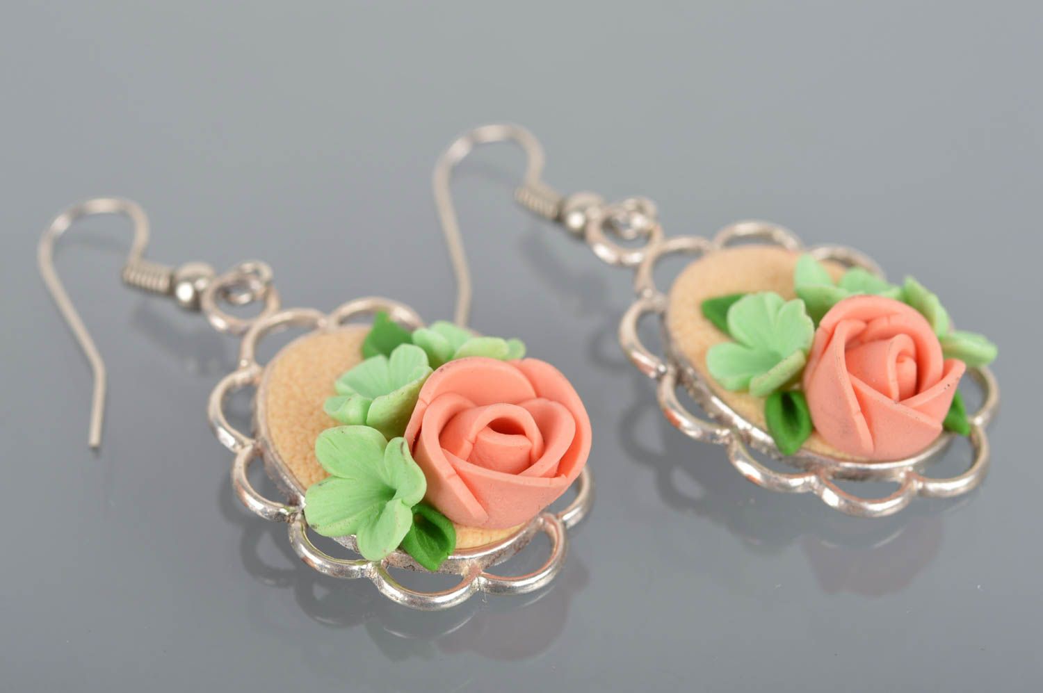 Earrings with flowers made of polymer clay on metal base in pastel colors photo 2