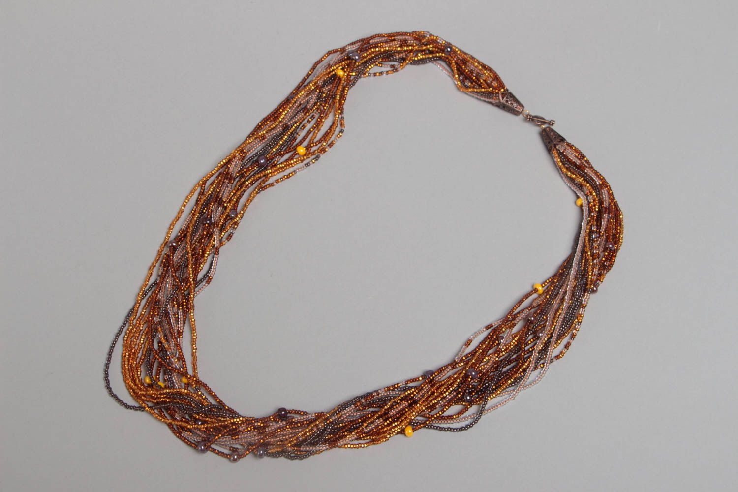 Handmade designer multi row beaded necklace in amber color palette for women photo 2