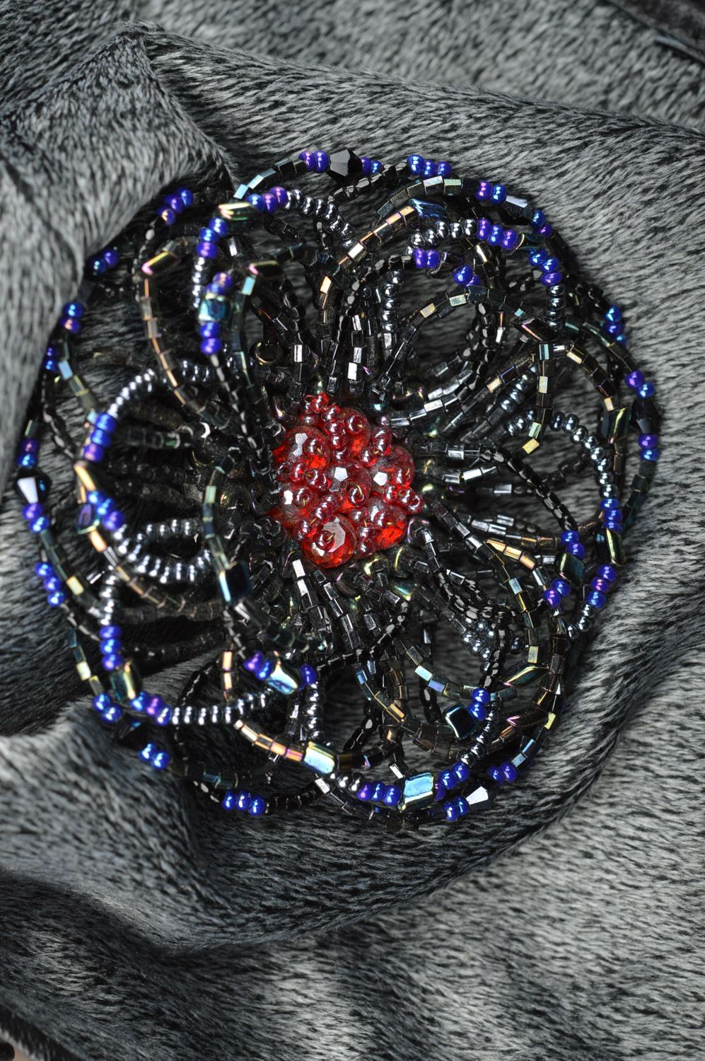 Handmade beaded flower brooch of dark color and average size woven with fishing line photo 4