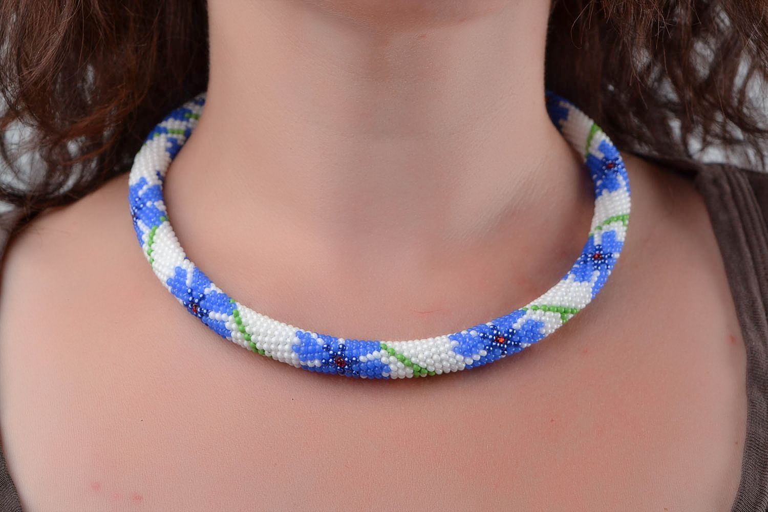 Beautiful handmade designer woven beaded cord necklace white with cornflowers photo 1