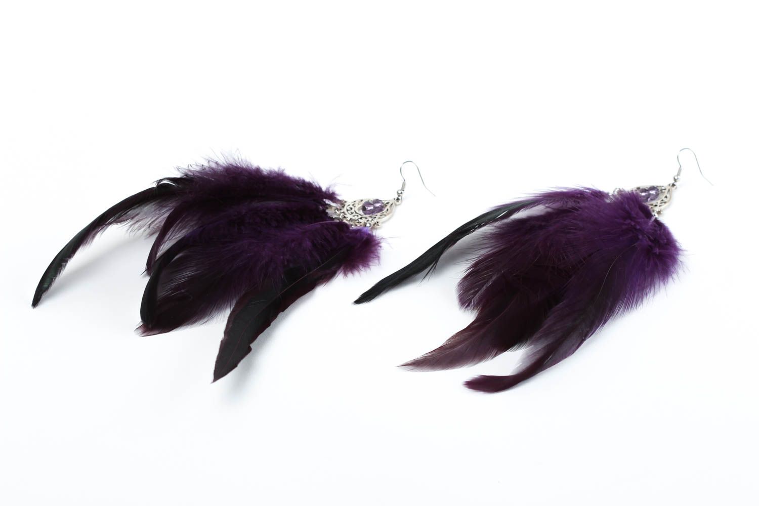 Boucles d'oreilles pendantes Bijou fait main avec plumes et cristal Cadeau femme photo 2