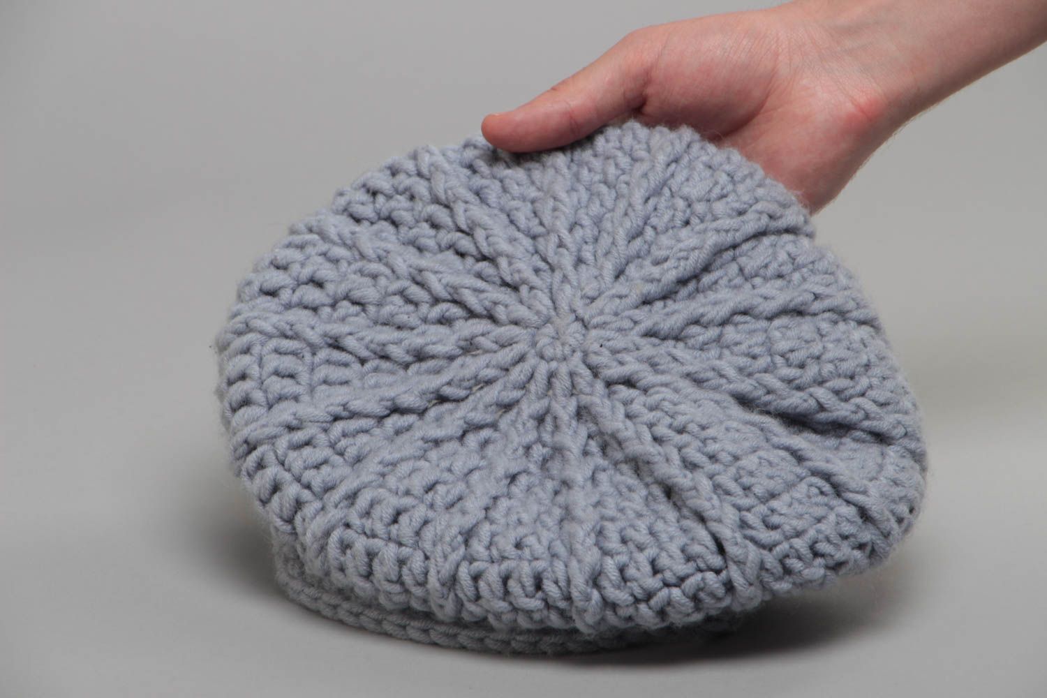 Stylish gray handmade crochet women's beret beautiful headwear photo 5