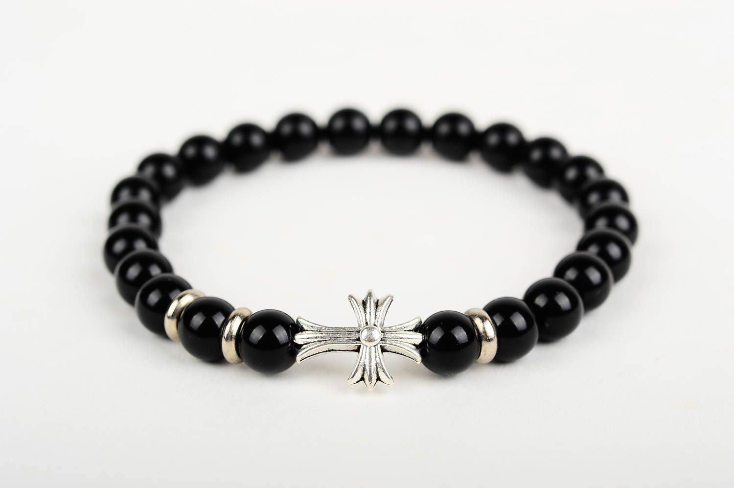 Metal cross and black beads unisex bracelet on an elastic string. Great gift for women photo 3