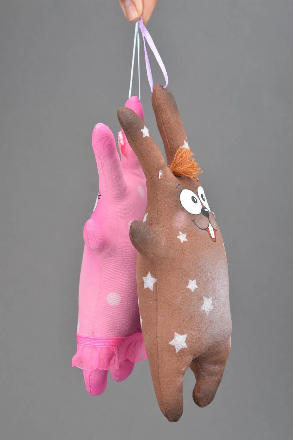 Set of handmade soft toys pink and brown hares with smell 2 pieces wall pendant photo 3