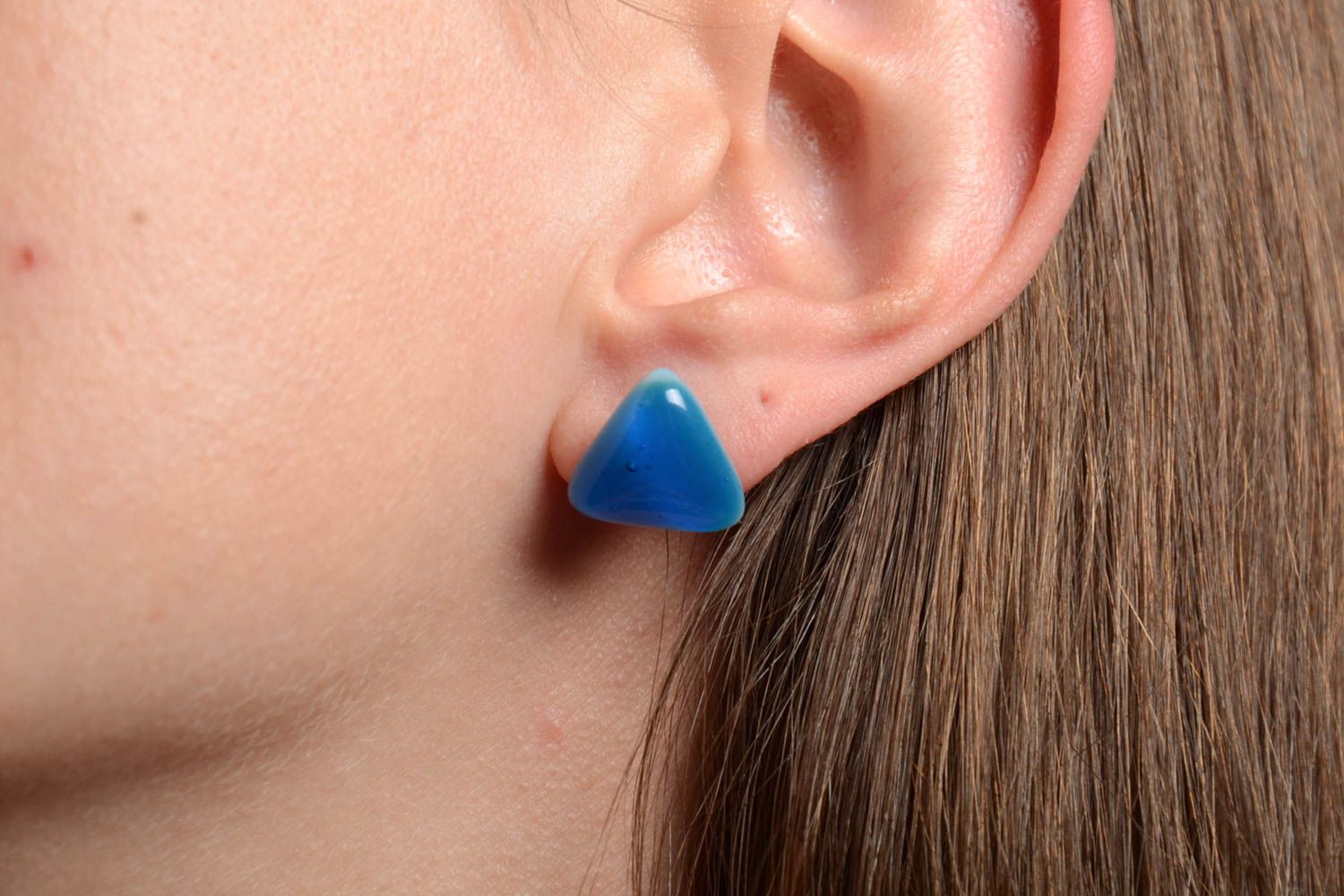 Triangular stud earrings glass fusing blue handmade accessory summer jewelry photo 2