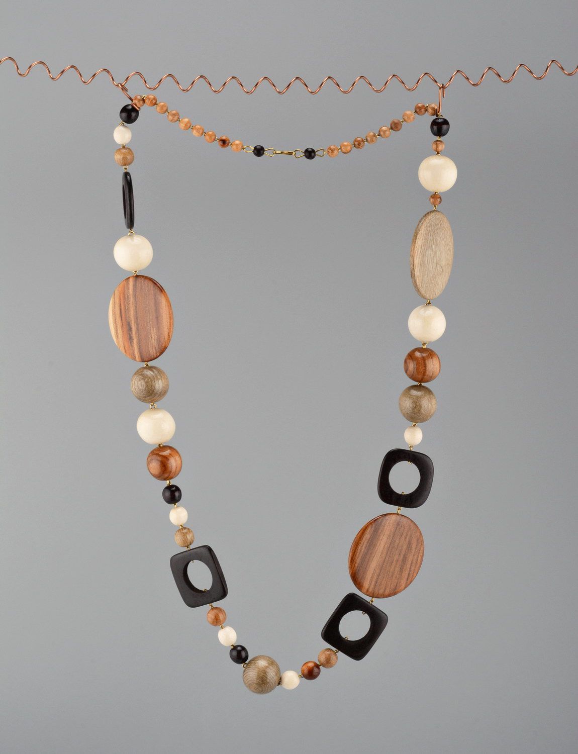 Long wooden bead necklace with clasp photo 2