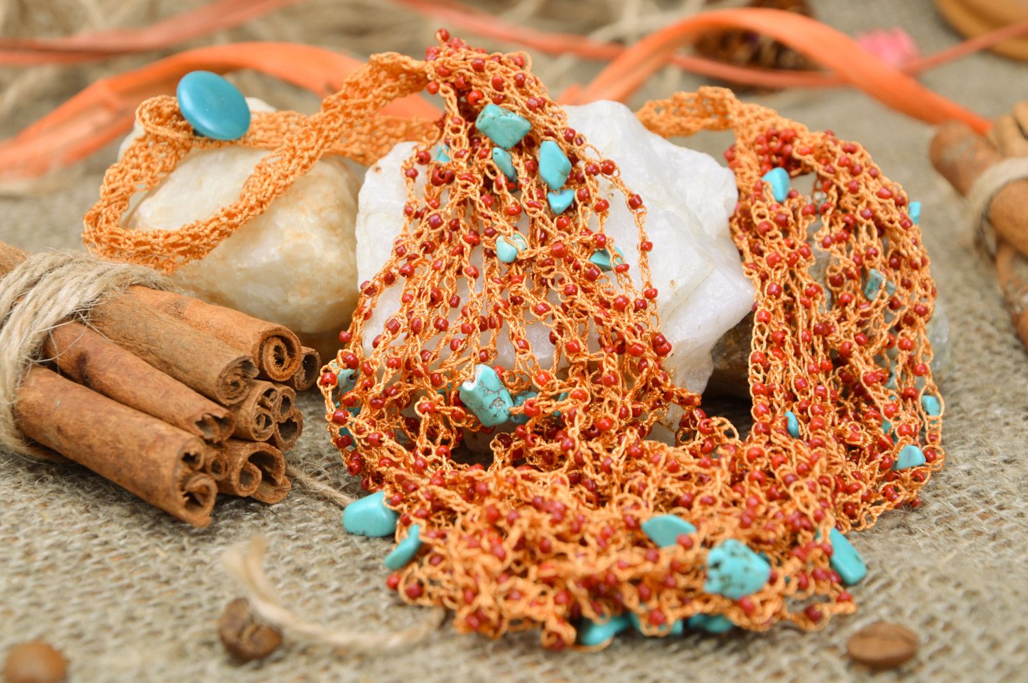 Unusual multi-row handmade ginger necklace woven of Czech beads and blue coral photo 3
