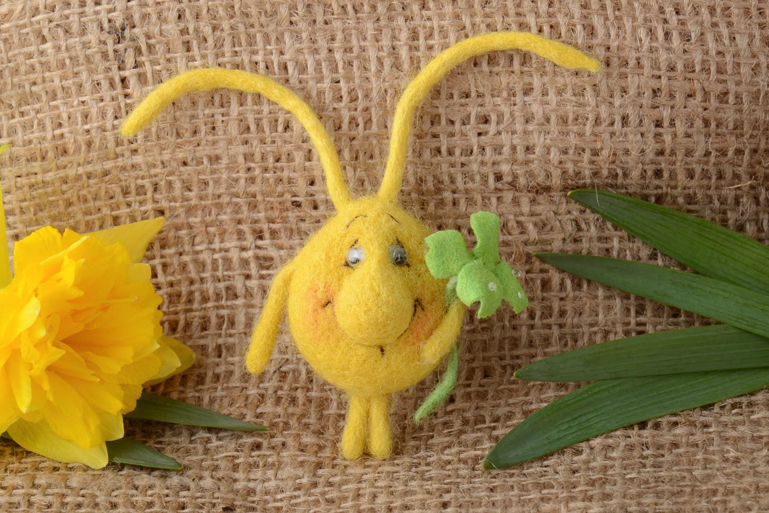 Handmade funny decorative fridge magnet felted of wool of yellow color  photo 1
