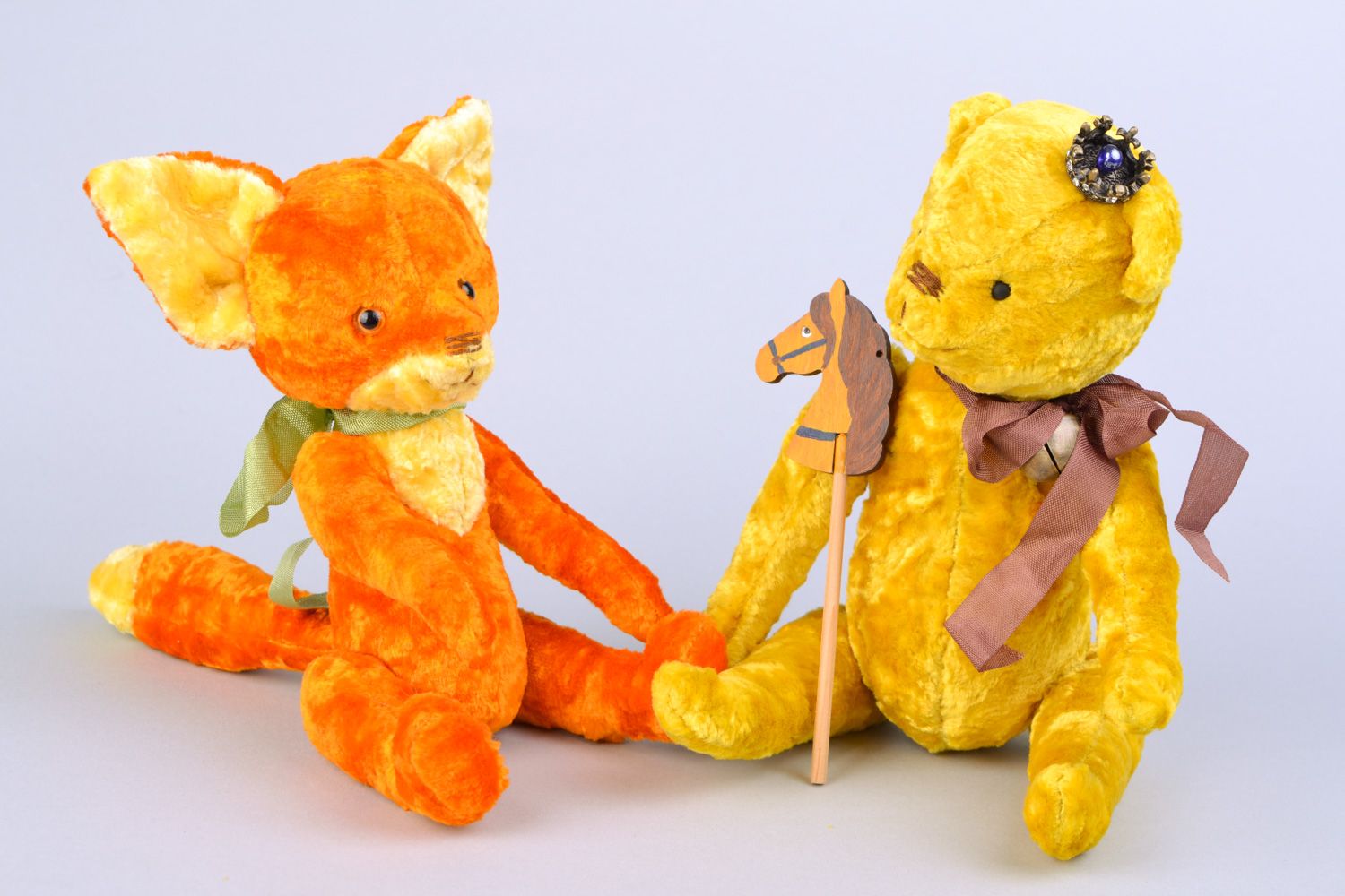 Handmade vintage designer soft plush toys of orange and yellow colors Fox and Bear photo 3