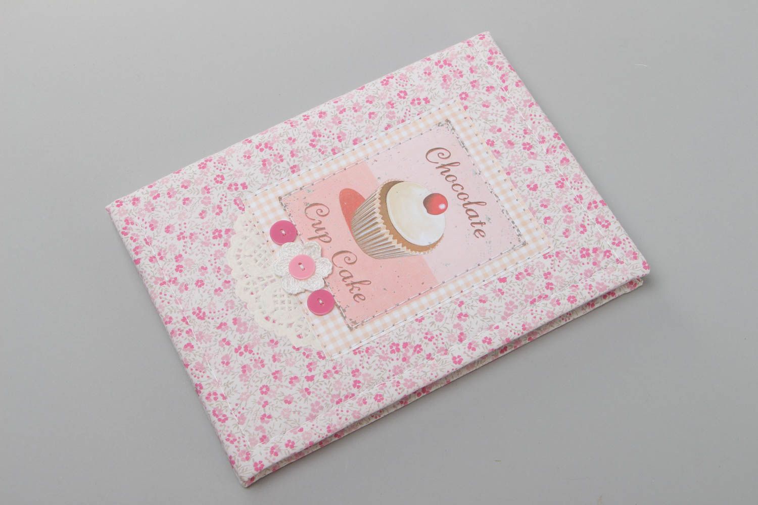 Carnet couverture en tissu de coton fait main rose avec gâteau pour fille photo 2