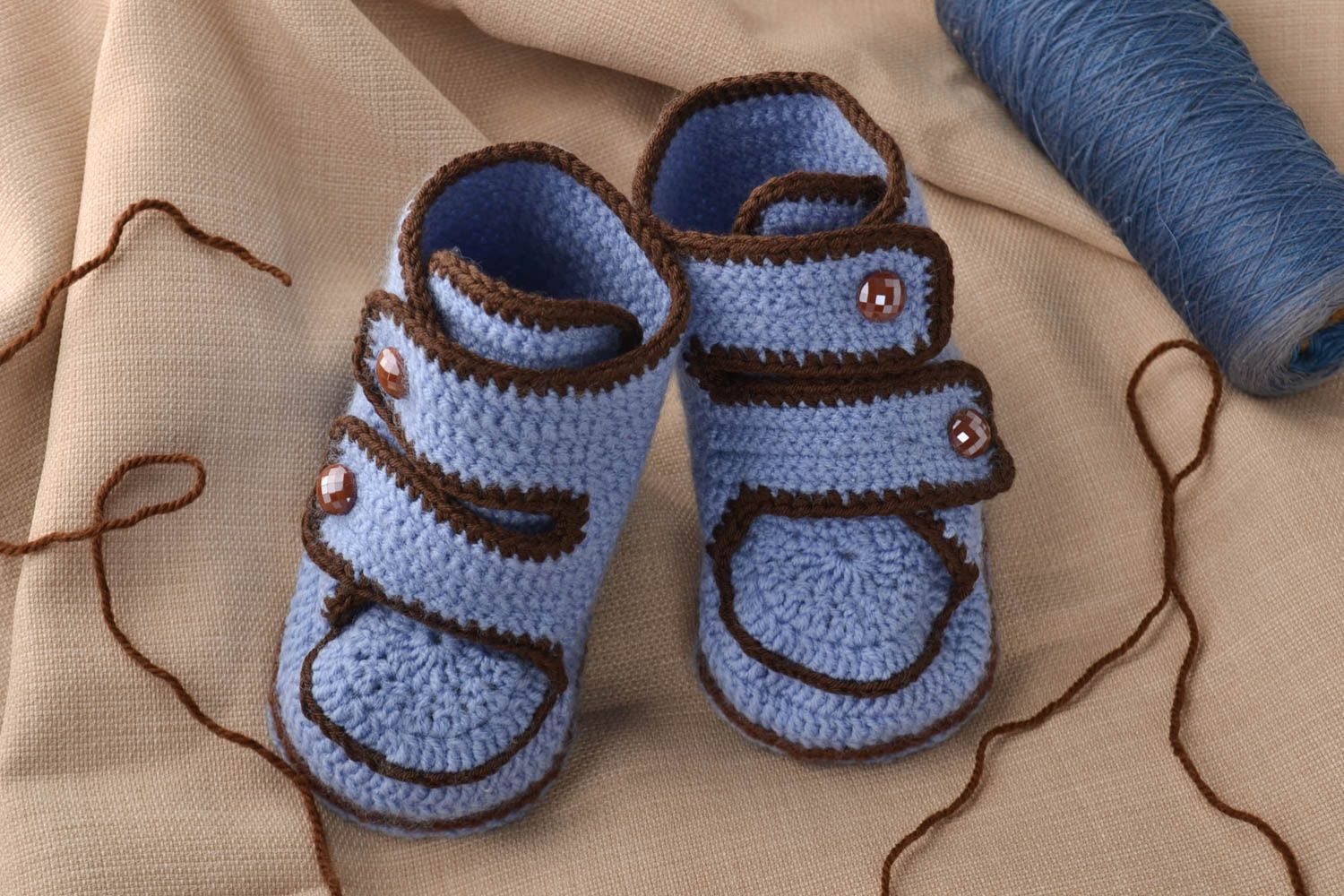 Handmade cute baby bootees blue crocheted baby bootees unusual warm kids shoes photo 1