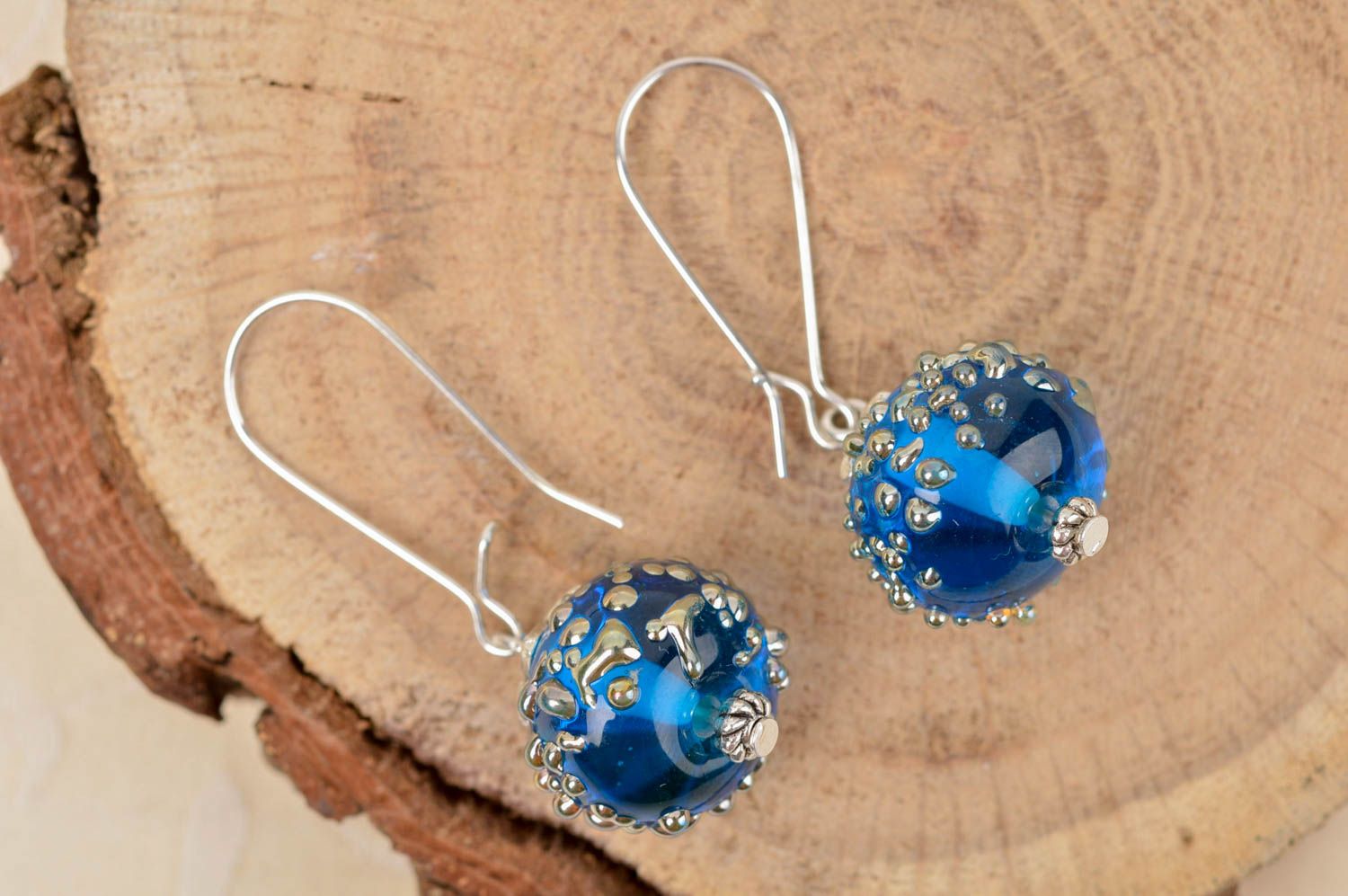 Handmade Designer Schmuck Accessoire für Frauen Glas Ohrringe blaue Kugeln foto 1