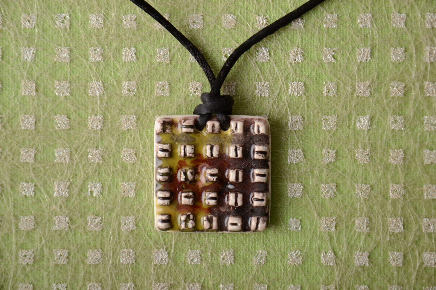 Square ceramic pendant painted with enamels photo 1