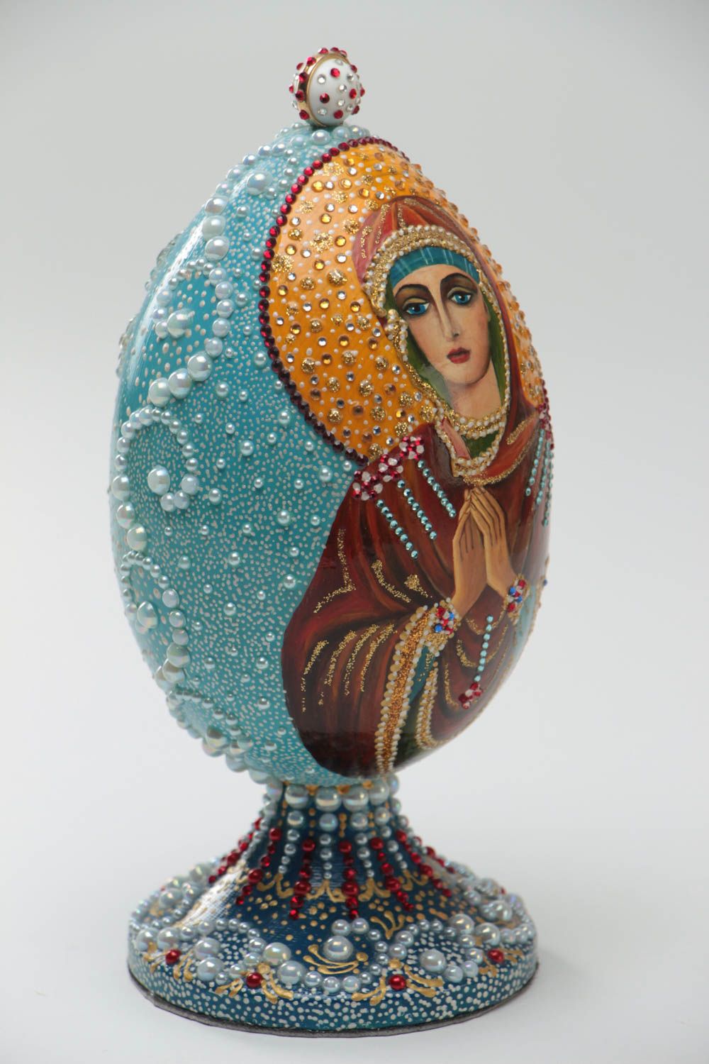 Bemaltes Osterei aus Holz mit Ikone Mutter Gottes handmade mit Ständer foto 2