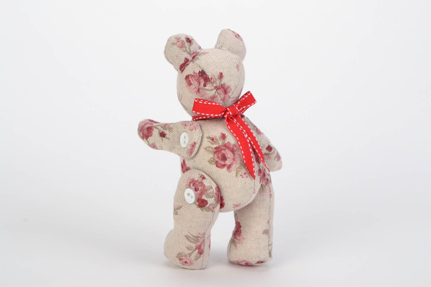 Handmade light fabric soft toy bear with flower print photo 5