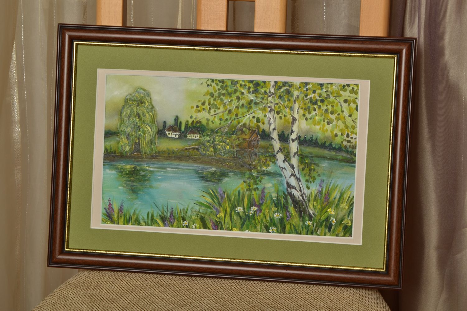 Картина написанная на шифоне акрилом Береза около пруда фото 1