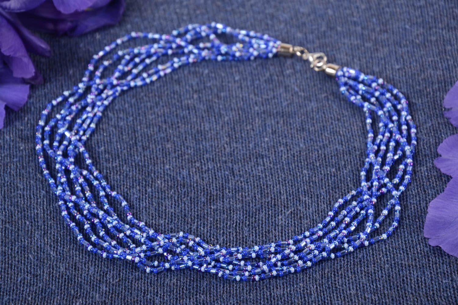 Handmade long beaded necklace blue beautiful jewelry evening accessories photo 1