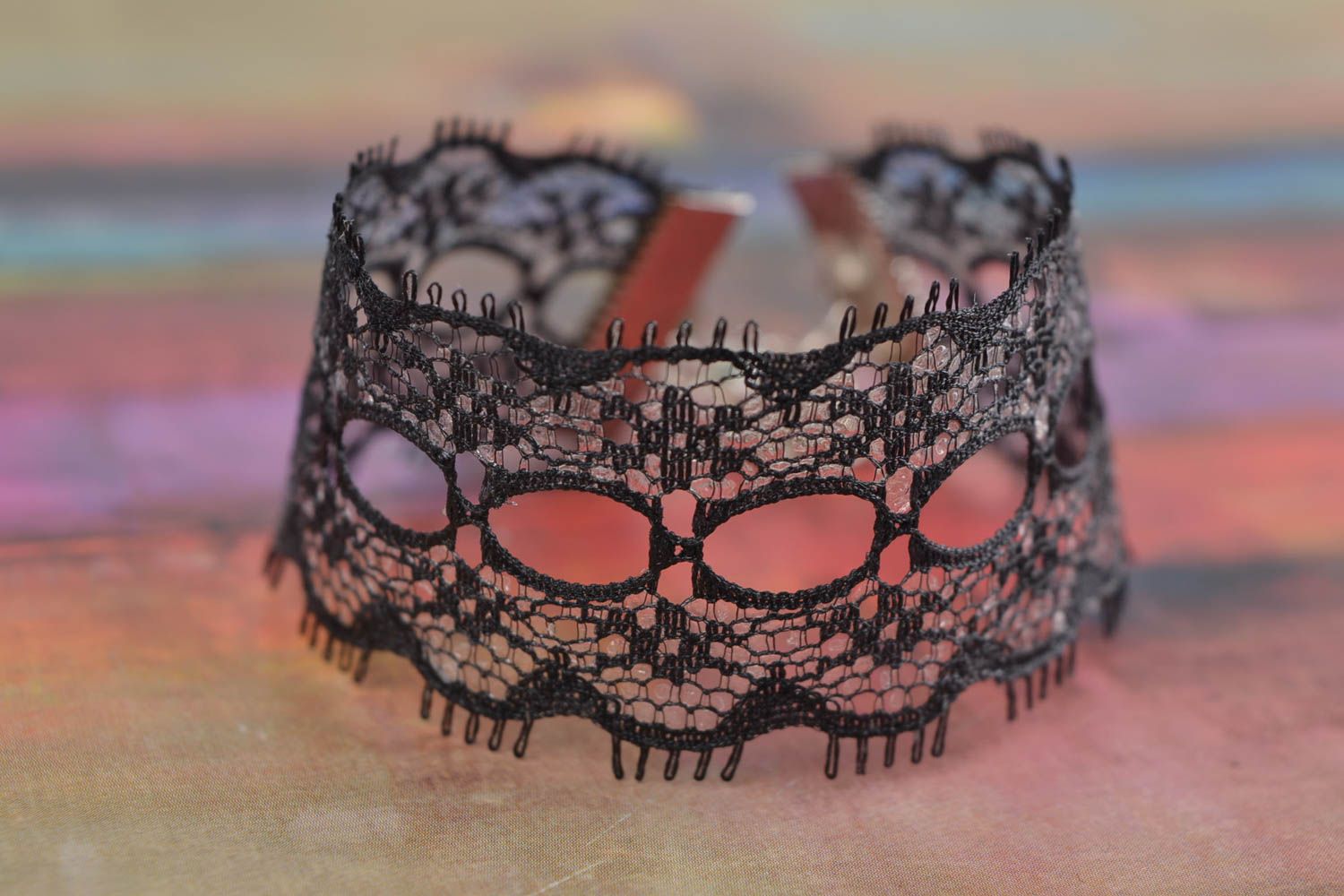 Black handmade women's thin lace wrist bracelet designer accessory photo 1