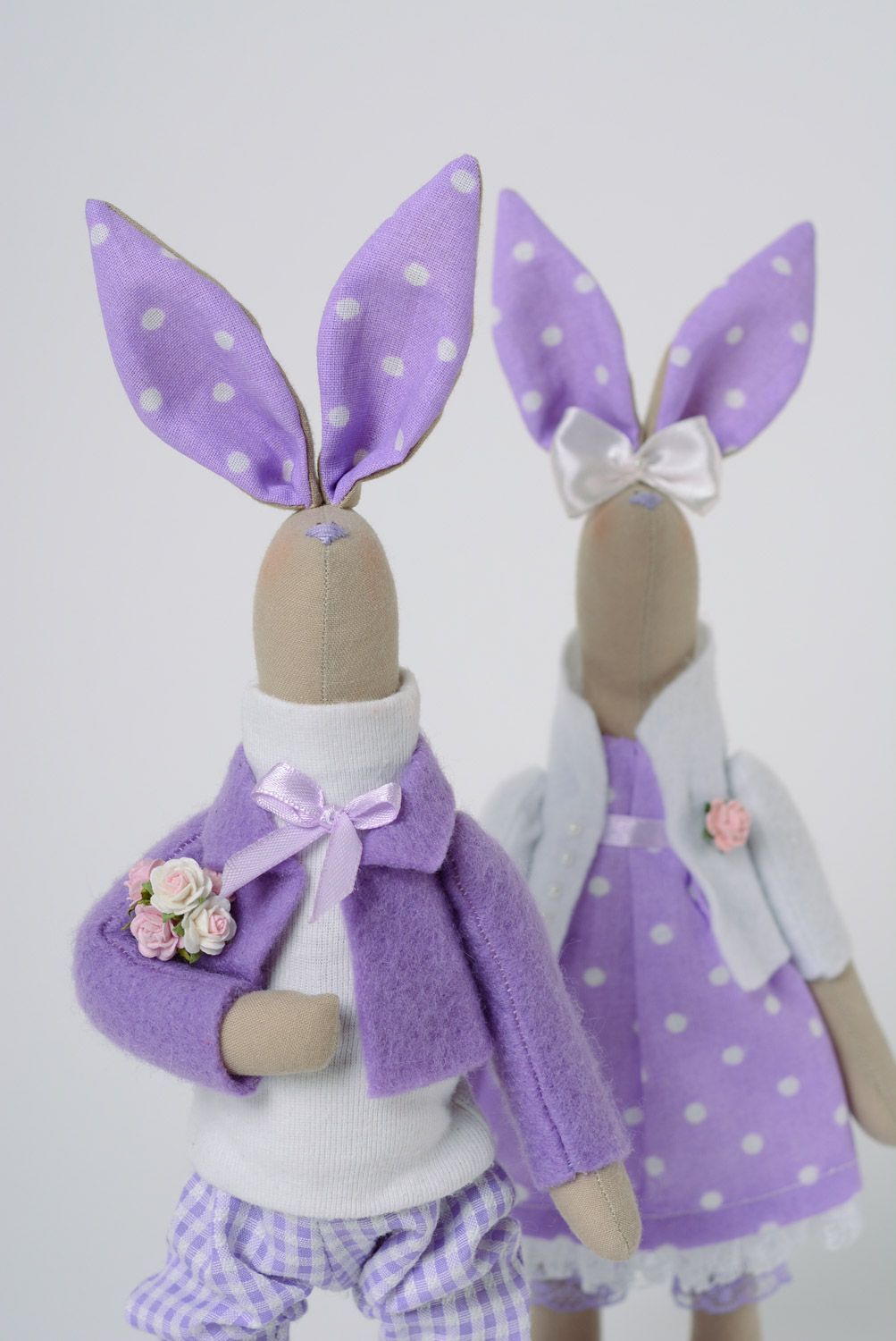 Set of handmade soft toys sewn of jersey fabric Rabbits in Love 2 items photo 2