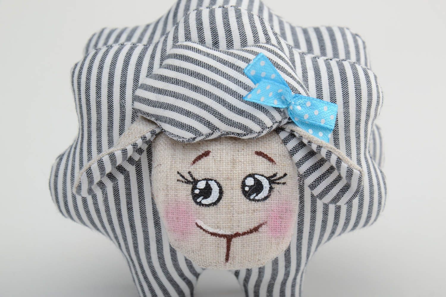 Handmade small soft toy sewn of striped linen fabric painted with acrylics Lamb photo 3
