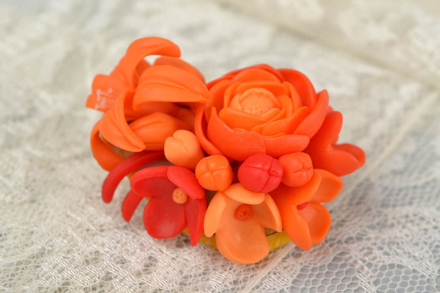 Unusual handmade designer bright orange polymer clay flower brooch Lilies photo 1