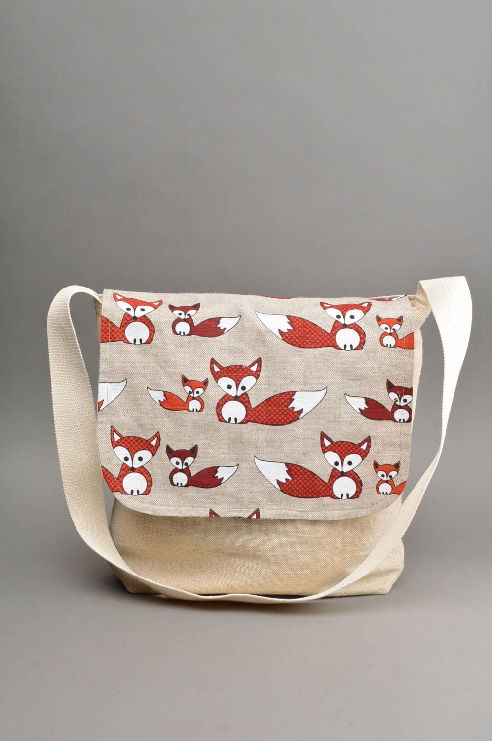 Sac en tissu de lin et coton avec imprimé renards fait main pour femme photo 2