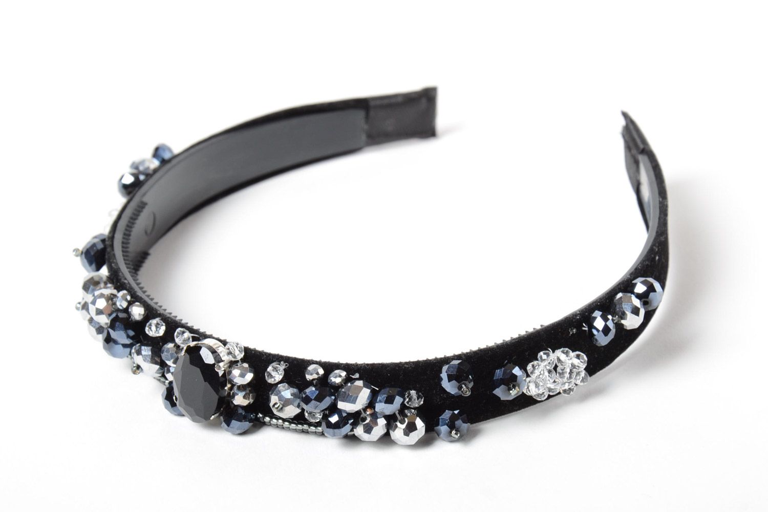 Handmade black evening velvet headband with beads photo 2