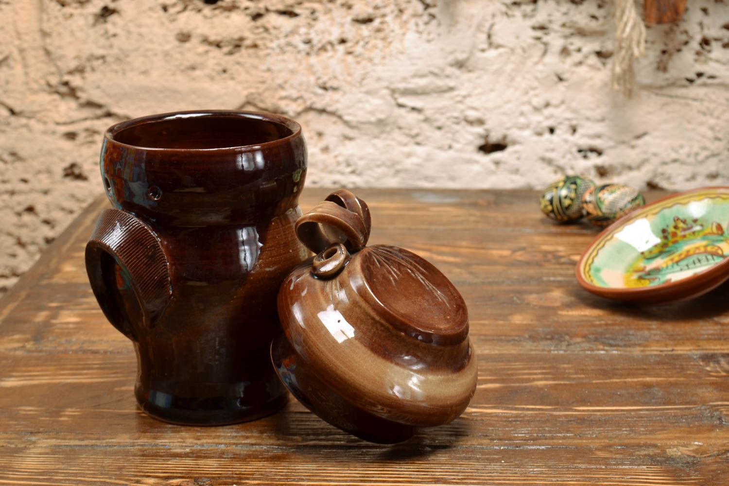30 oz dark brown glazed ceramic 8-inch pot with two handles 1,7 lb photo 1