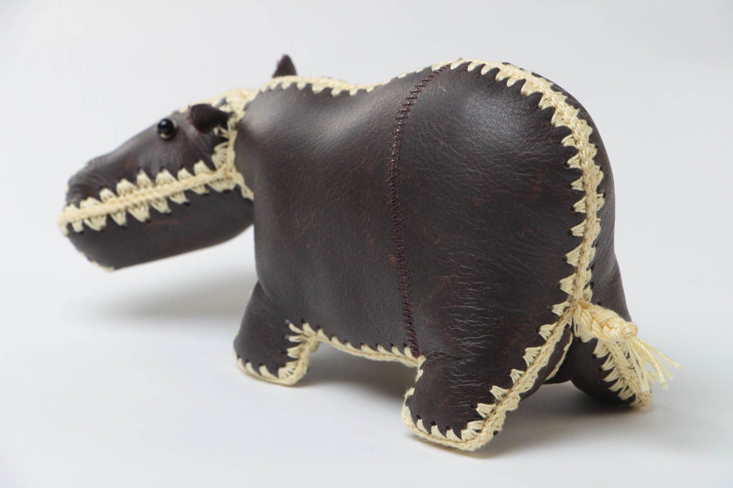 Handmade large designer soft toy sewn of dark leather with light threads Hippo photo 4