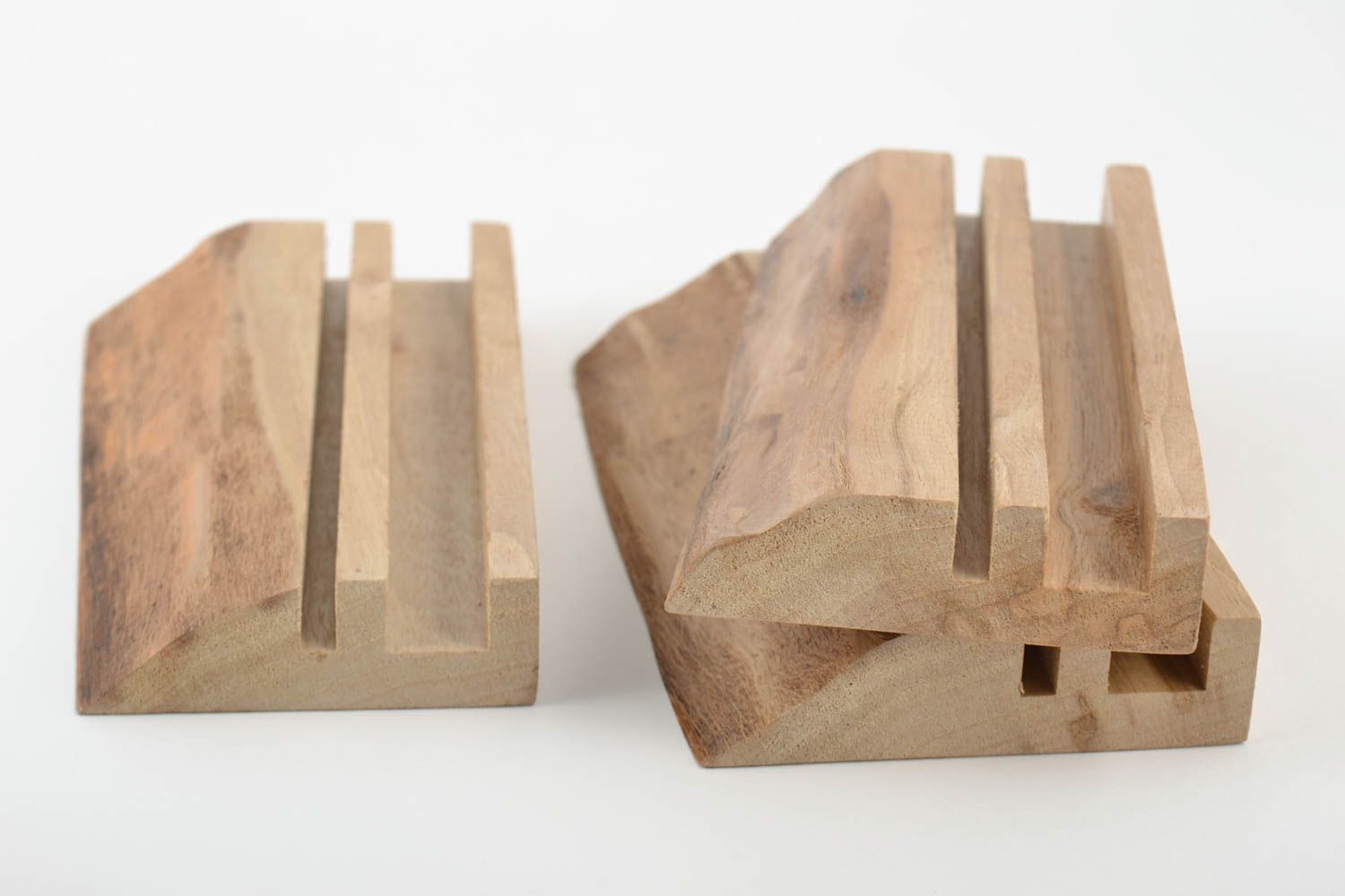 Set of designer wooden varnished homemade tablet holders for desktop 3 items photo 2
